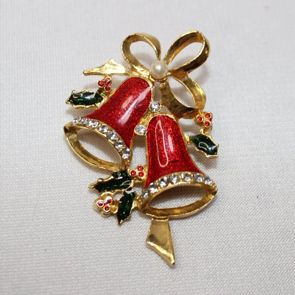 Vintage Christmas Bells Brooch with Holley Rhinestone and Pearl